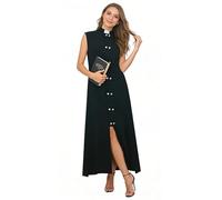 Clergy Dress Elegant A-Line Maxi Sleeveless Dress with Double-Breasted Buttons Stand Collar and Side Slit Black