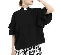 Clergy Shirt for Women Festivel Priest Costume Spring/Summer Loose Blouse with Tab Collar Black