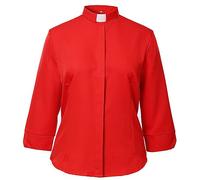 Clerical Shirts for Women Church Chiffon Long Sleeve Priest Shirt Button Fasten Blouse Tops with Tab Collar Red