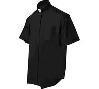 CLERKMANS Men’s Clergy Priest Shirt Short Sleeves, Free Tab Collar Insert for Pastor Preacher Minister Costume Button Shirt, Black, 17.5" Neck