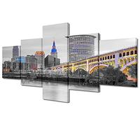 Cleveland Skyline Canvas Wall Art Night Cityscape Black and White Wall Art Panoramic Building Picture for Bedroom Modern 5 Piece Cleveland Ohio USA Wall Decoration Framed Ready to Hang (50" W x 24" H)