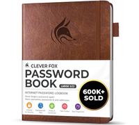 Clever Fox Password Book with Alphabetical Tabs, 18x25 Keeper Brown