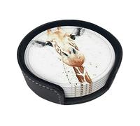 Clever Giraffe Coasters For Drinks, 6 Pcs Leather Coaster With Holder, Round Cup Mat Pad Set For Home And Kitchen 3.9 Inches