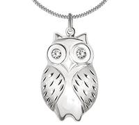 CLEVER SCHMUCK 925 Sterling Silver Necklace and Pendant Set - Large Owl Pendant, 28 mm, that’s Domed and 3D on Both Sides, with White Cubic Zirconia Eyes and Matte, Diamond-Cut Wings, Together with a 60 cm Shiny Curb Chain Necklace, Case Included