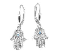 Clever Schmuck Silver Earrings Fatima Hand Light Blue Eye Many White Zirconia 925 Sterling Silver