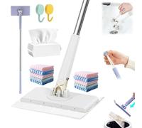 Clever Snap-Grip Mini Mop, No Wash Lazy Mops Wet and Dry, Cloth Changing Mini Mop with Automatic Hands Free Push Pull Handle, 360° Head, Disposable Dust Mop with 10 Reusable Cloths White 100cm