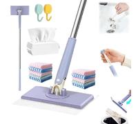 Clever Snap-Grip Mini Mop, No Wash Lazy Mops Wet and Dry, Cloth Changing Mini Mop with Automatic Hands Free Push Pull Handle, 360° Head, Disposable Dust Mop with 10 Reusable Cloths Purple 70cm