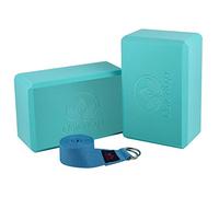 Clever Yoga Blocks 2 Pack with Strap - Extra Light Weight Sweat Repelling Foam Yoga Block Set with Cotton 8ft Yoga Stretch Strap - Yoga Block and Strap Set Kit for Beginner to Pro - Exercise