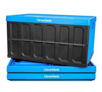 CleverMade 46L Collapsible Storage Bins with Lids Folding Plastic Stackable Utility Crates, Solid Wall 3 Pack, Neptune Blue