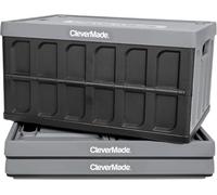 CleverMade 46L Collapsible Storage Bins with Lids - Folding Plastic Stackable Utility Crates, Solid Wall 3 Pack, Stone