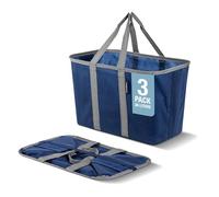 CleverMade EcoBasket 30L Collapsible Tote Basket 3 Pack - Reusable Grocery Tote That Stands Upright, Foldable Shopping Basket for Car Trunk Storage, Heavy Duty Utility Bag, 30 lb Capacity - Blue