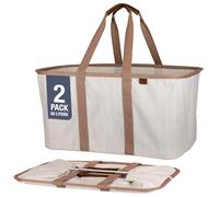 CleverMade Luxury Herringbone Folding Laundry Tote Bag 2 Pack 50L Premium Cotton Blend Collapsible Laundry Baskets with Sturdy Pop Up Wire Frame, Long Carry Handles