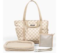 Cleverpup Transit Tote Dog Carrier 4-Piece Set - Lightweight Pet Travel Bag with Plush Teddy Insert, Food Pouch, Air Mesh Opening, Water-Resistant Base, Pockets & Safety Tether - Medium Checkerboard