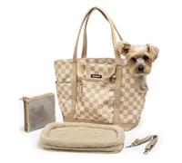 Cleverpup Transit Tote Dog Carrier 4-Piece Set - Medium, Checkerboard | Soft-sided pet travel bag for small/medium dogs 8-20 lbs, 19x12x9, waterproof base, plush insert, food pouch, head opening