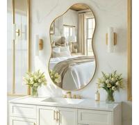Clevich Wall Mirror, 50X91cm Cloud Wavy Hanging Mirror, Irregular Asymmetrical Bathroom Mirror with 3mm HD Tempered Glass and Aluminum Alloy Frame for Living Room/Bedroom/Entryway/Hallway (Gold)