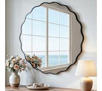 Clevich Wavy Edge Wall Mirror 80cm, Round Bathroom Mirror with Explosion-Proof Tempered Mirror,Textured Aluminum Frame, be Hung or Leaned against the Wall for Living Room/Bedroom/Hallway (Black)