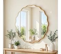 Clevich Wavy Edge Wall Mirror 80cm, Round Bathroom Mirror with Explosion-Proof Tempered Mirror,Textured Aluminum Frame, be Hung or Leaned against the Wall for Living Room/Bedroom/Hallway (Gold)