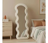 Clevich Wavy Full Length Mirror 160x60cm, Floor Free Standing Mirror with Stand, Wall Mounted, Ivory White Flannel Frame, HD Shatterproof Nano Glass, for Bedroom Living Room