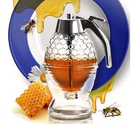 CLEVLI Honey Dispenser - No Drip Glass with Stand - Honey Jar - Clear Glass Honey Container with Dipper 8 Oz - Maple Syrup Dispenser - Honey Pot with Stand - Honey Bottle with Flip Top Lid