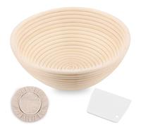 Clheatky Round Banneton 23x23x8.5cm, Natural Rattan, Splinter Free - Handwoven Proofing Basket with Washable Linen Liner & Dough Scraper