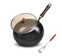 clhjinruoliu Carbon Steel Hammered Wok Pan, Japanese Iron Pan, Cast Iron Skillet Hand-Forged Non Stick Iron Wok with Lid, High Purity Frying Pans for Cooking, for Culinary Styles for Kitchen,B,9.4in