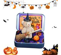 clhjinruoliu Halloween Bear, Handmade Plush Pocket Bears in Box Kit Gift, Teddy Bear in a Box for Trick or Treat - Miniature Witcher, with Witch Wizard Blanket Broom Cape Pumpkin & Cat,Khaki