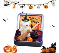 clhjinruoliu Halloween Bear, Handmade Plush Pocket Bears in Box Kit Gift, Teddy Bear in a Box for Trick or Treat - Miniature Witcher, with Witch Wizard Blanket Broom Cape Pumpkin & Cat,White