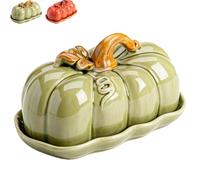 Clhjinruoliu Halloween Pumpkin Butter Dish with Lid, Ceramic Cute Pumpkin Butter Dish, Fall Kitchen Countertop Tray, Covered Porcelain Butter Container for Refrigerator, for Everyday Use,Green