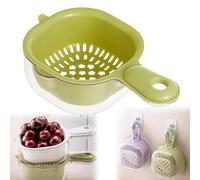 Clhjinruoliu Kitchen Dual-Layer Draining Basket with Handle, Fruit Rinser Strainer Container, Handy Mini Berry and Tomato Washer, Lock Design,Double Drain Plastic Fruit Washing Strainer Bowl,Green