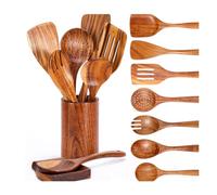 Click Bargain Natural Teak Utensil Set - 9-Piece Wooden Cooking Utensils with Holder, Teak Wood Spatula & Spoon Set, Kitchen Accessories
