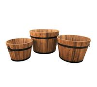 Click-Deck Wooden Round Garden Planters - Set Of 3 Small Medium Large Hardwood Half Barrel Planter Flower Tubs Pots