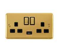 Click Deco Plus DPBR570BK 13A Ingot 2G Switched Socket + 1x2.1A USB - Polished Brass (Black)
