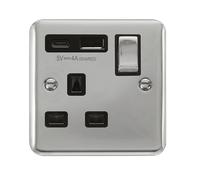 Click Deco Plus DPCH585BK 13A Ingot 1G Switched Safety Shutter Socket + Type A&C USB - Polished Chrome (Black)