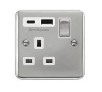 Click Deco Plus DPCH585WH 13A Ingot 1G Switched Safety Shutter Socket + Type A&C USB - Polished Chrome (White)