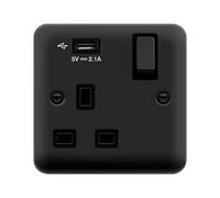 Click Deco Plus DPMB571UBK 13A Ingot 1G Switched Socket + 1x2.1A USB - Matt Black (Black)