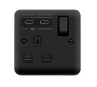 Click Deco Plus DPMB595BK 'Ingot' 13A 1 Gang Switched Safety Shutter Socket with Twin Type C USB (4.2A) - Matt Black (Black)