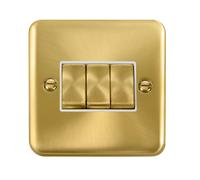 Click Deco Plus DPSB413WH 10AX Ingot 3-Gang 2-Way Plate Switch - Satin Brass (White)