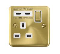 Click Deco Plus DPSB595WH 'Ingot' 13A 1 Gang Switched Safety Shutter Socket with Twin Type C USB (4.2A) - Satin Brass (White)