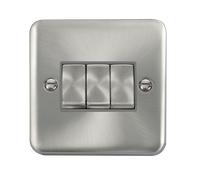 Click Deco Plus DPSC413GY 10AX Ingot 3-Gang 2-Way Plate Switch - Satin Chrome (Grey)