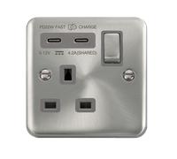Click Deco Plus DPSC595GY 'Ingot' 13A 1 Gang Switched Safety Shutter Socket with Twin Type C USB (4.2A) - Satin Chrome (Grey)