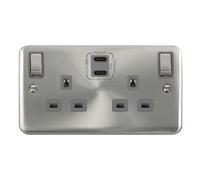 Click Deco Plus DPSC596GY 'Ingot' 13A 2 Gang Switched Safety Shutter Socket with Twin Type C USB (4.2A) - Satin Chrome (Grey)