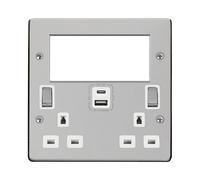 Click Deco Victorian VPCH684WH 2 Gang 3 Pin Safety Shutter Type A & C USB Switched Socket with Quad New Media Apertures - Polished Chrome (White)