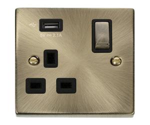 Click Deco VPAB571UBK Victorian 13A Ingot 1G Switched Socket + 1x2.1A USB - Antique Brass (Black)
