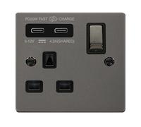 Click Deco VPBN595BK Victorian 'Ingot' 13A 1 Gang Switched Safety Shutter Socket with Twin Type C USB (4.2A) - Black Nickel (Black)