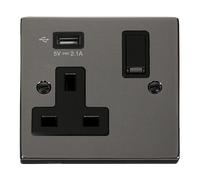 Click Deco VPBN771UBK Victorian 13A 1G Switched Socket + 1x2.1A USB - Black Nickel (Black)
