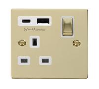Click Deco VPBR585WH Victorian 13A Ingot 1G Switched Socket + Type A&C USB - Polished Brass (White)