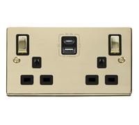 Click Deco VPBR586BK Victorian 13A Ingot 2G Switched Socket + Type A&C USB - Polished Brass (Black)