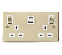 Click Deco VPBR586WH Victorian 13A Ingot 2G Switched Socket + Type A&C USB - Polished Brass (White)