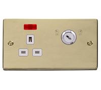 Click Deco VPBR655WH Victorian 13A Ingot 1G DP Key Lockable Switched Socket + Neon - Polished Brass (White)