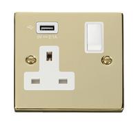 Click Deco VPBR771UWH Victorian 13A 1G Switched Socket + 1x2.1A USB - Polished Brass (White)